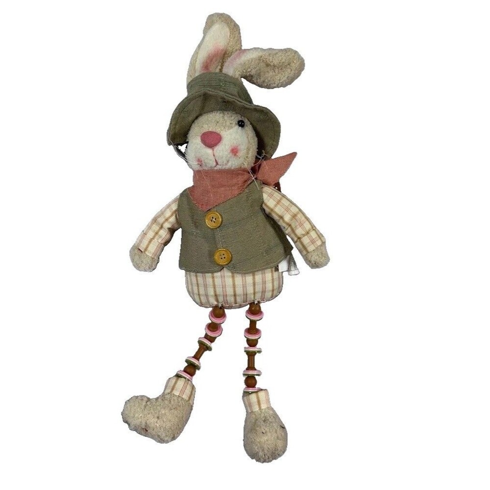 Plush Easter Bunny Shelf Sitter Figurine Green Vest Scarf Dangle Bead Legs